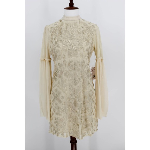 Free People Cleo Mini Dress Tea Sz 0 Boho Embroidered - Picture 2 of 12